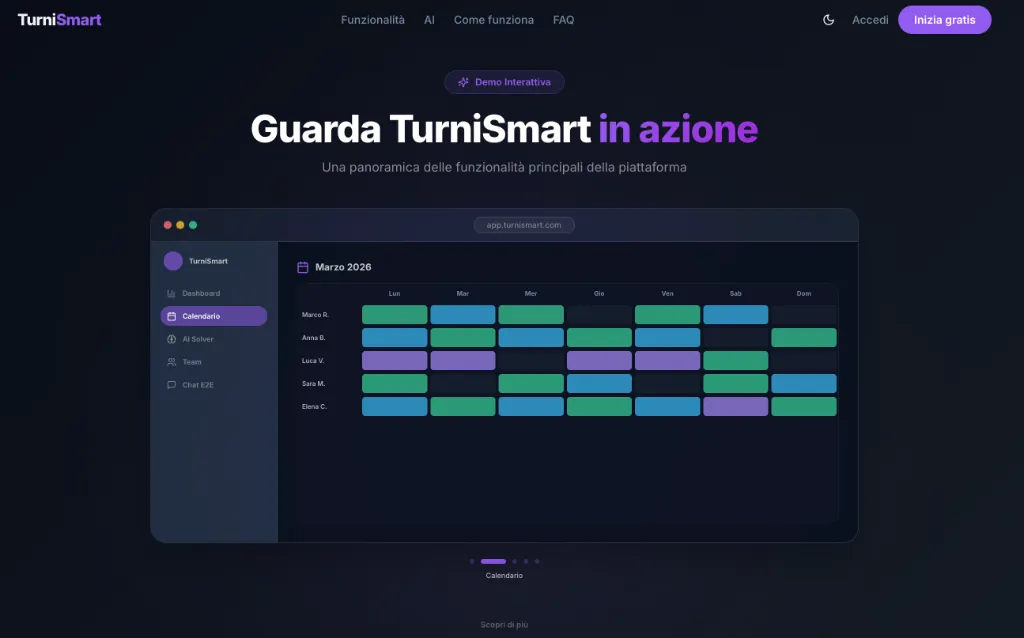 Anteprima del progetto Turni Smart — SaaS · HR Tech: Landing conversion-driven per una piattaforma di gestione turni intelligente.